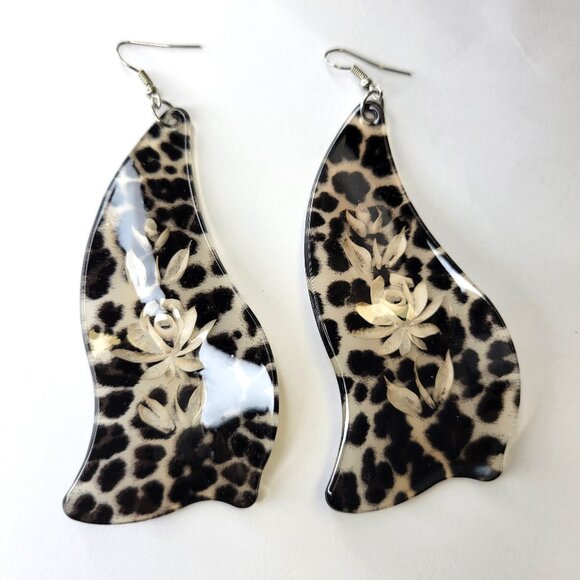 Black Animal Print Resin Big Dangle Earrings Black Long Earrings - Picture 1 of 8